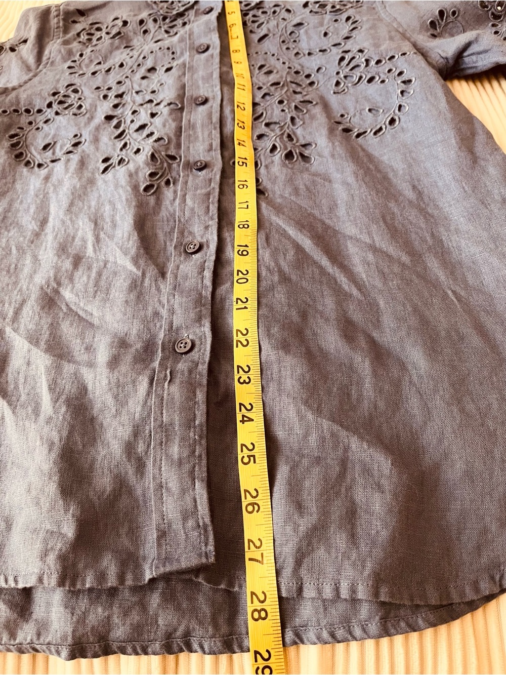 Womens Blue Linen  Eyelet Cutout Button-Up Blouse - Picture 6 of 11
